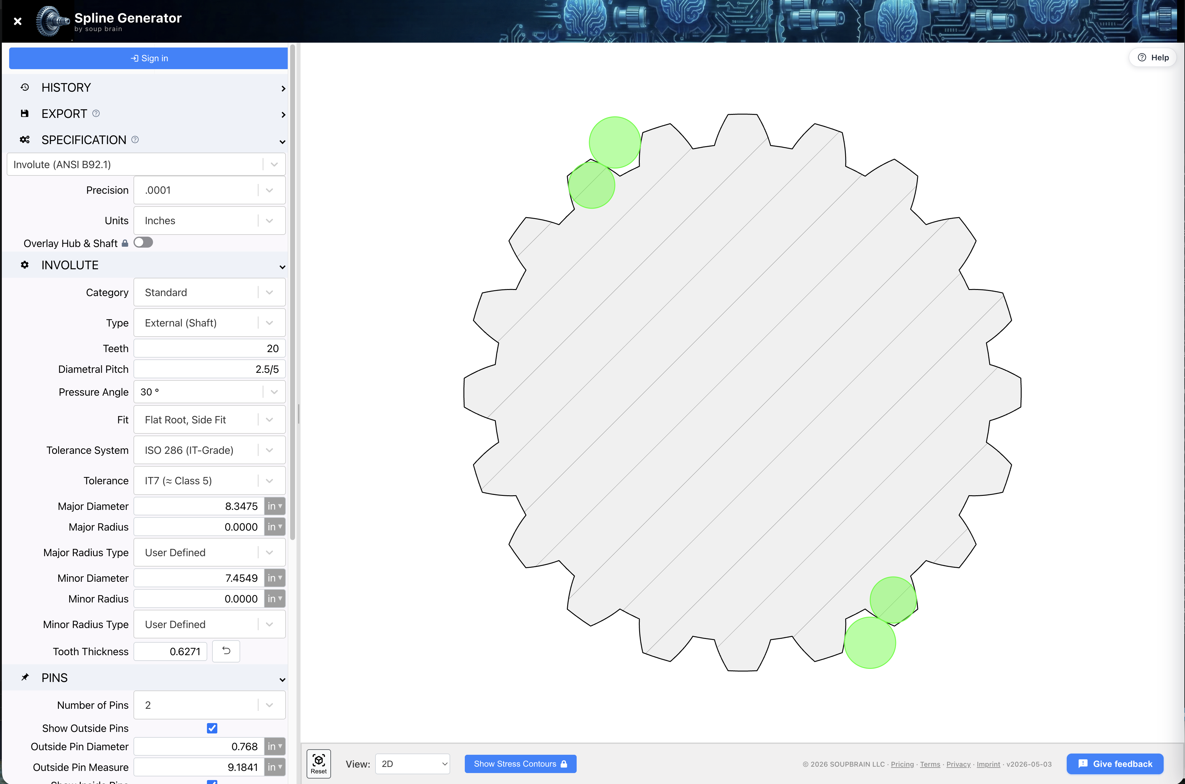SplineGen application interface showing involute spline parameters and 2D drawing