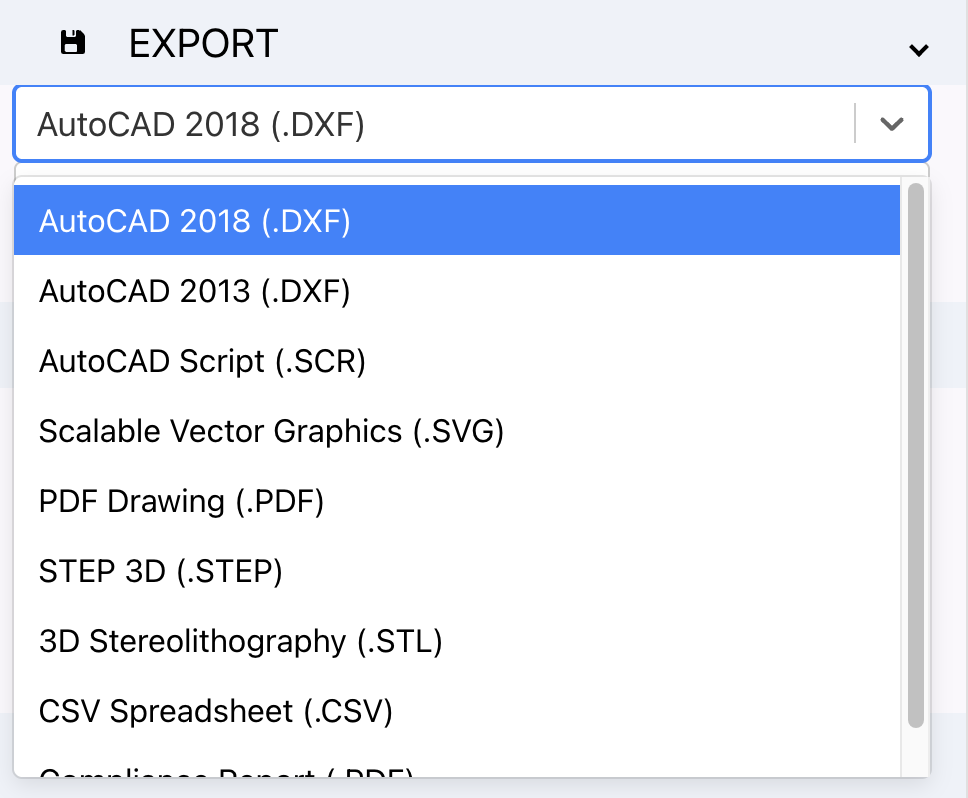 Export menu showing 9 supported file formats