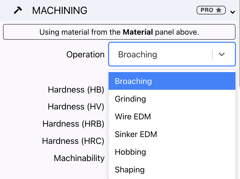 Machining estimate panel showing process selection