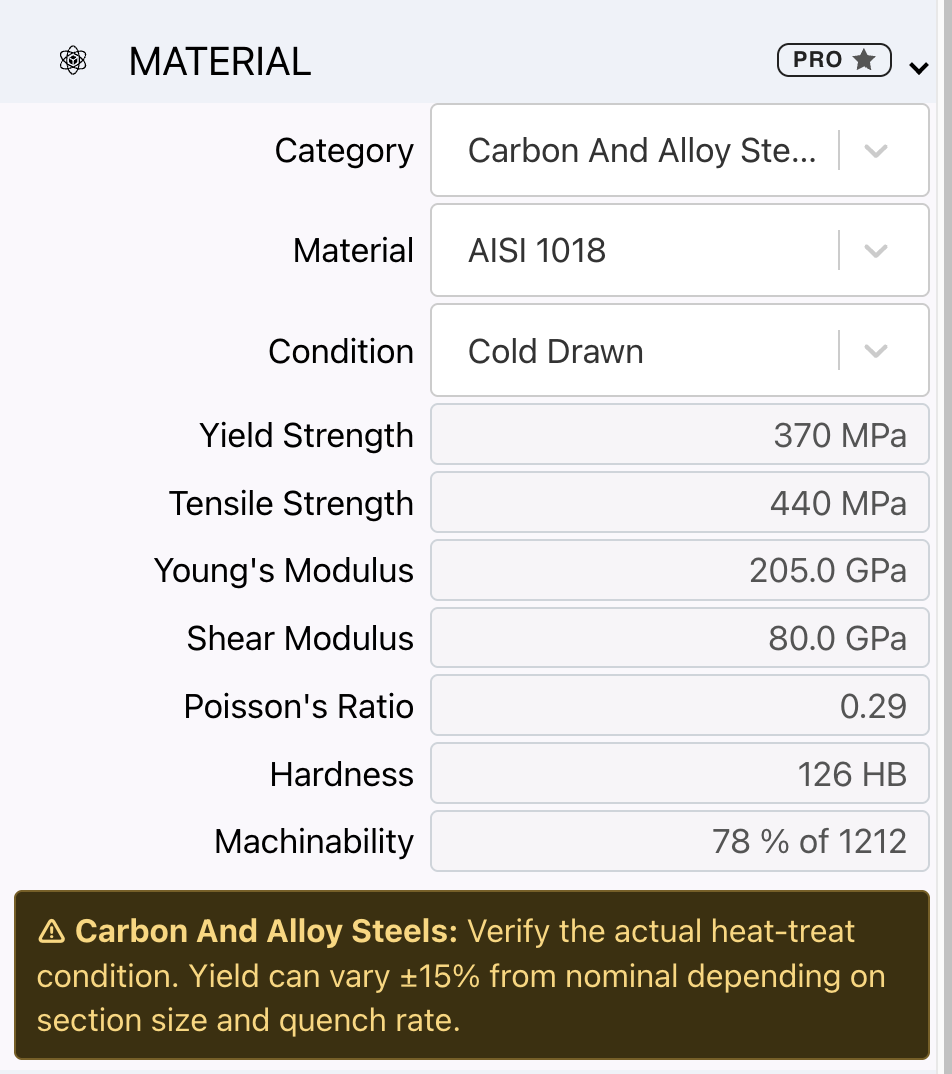 Material panel showing AISI 1018 steel properties