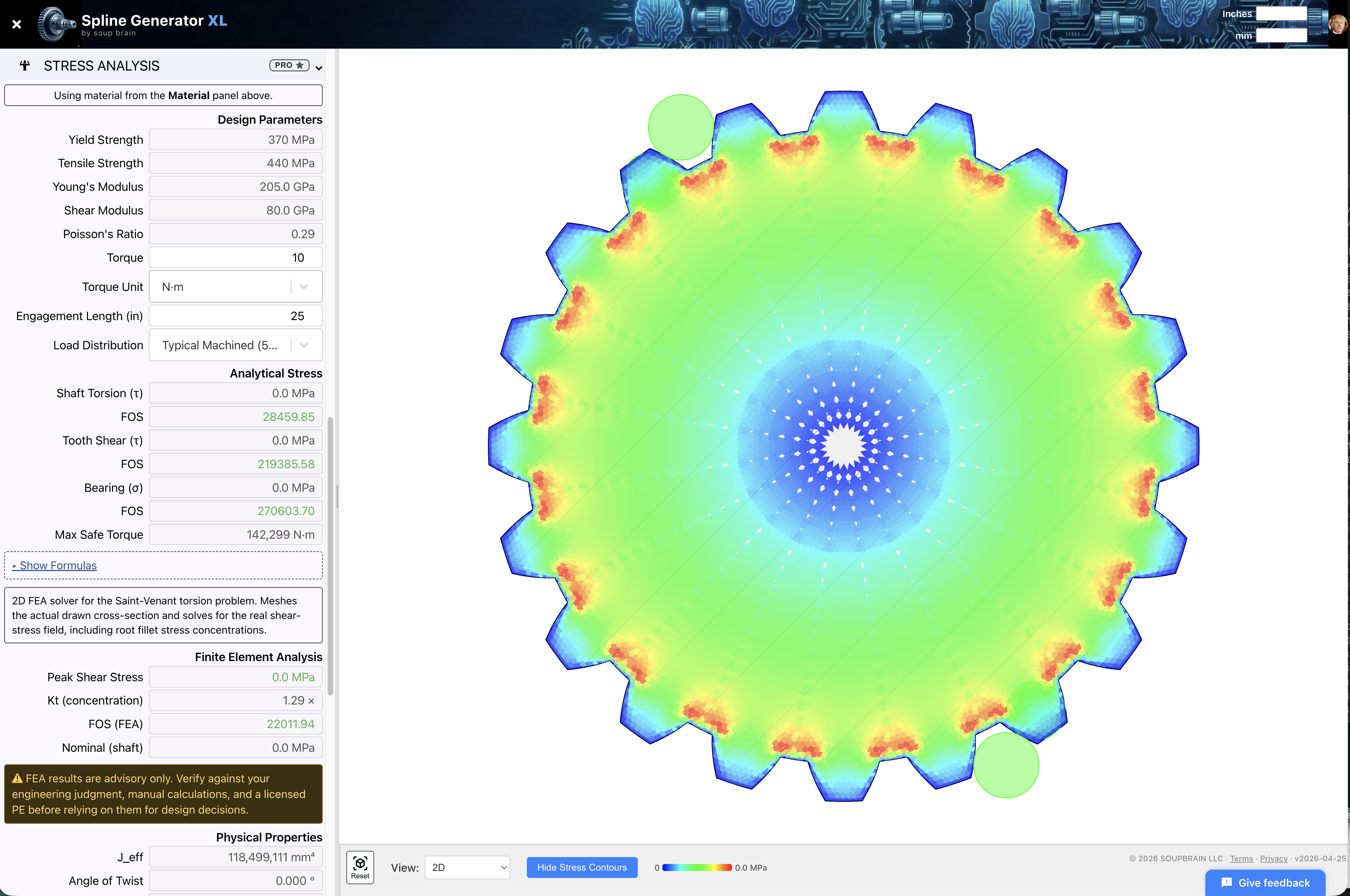 Stress analysis with FEA color contours showing red high-stress zones at tooth roots