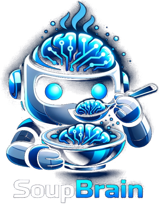 SoupBrain logo — robot eating brain soup