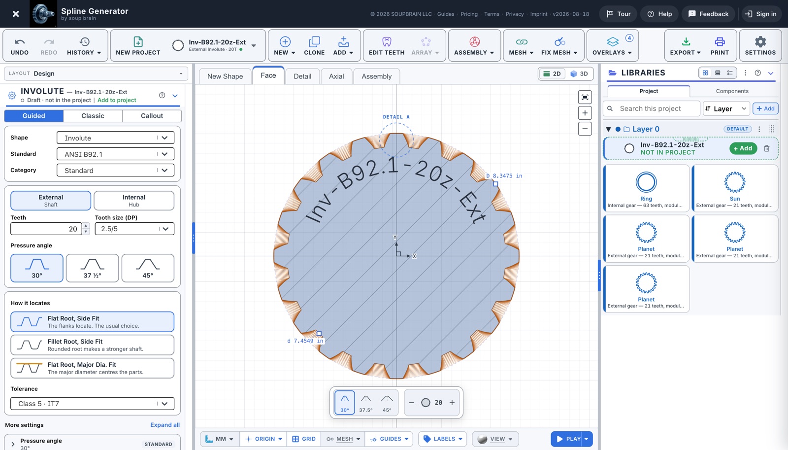 SplineGen designing a 20-tooth ANSI B92.1 external involute spline