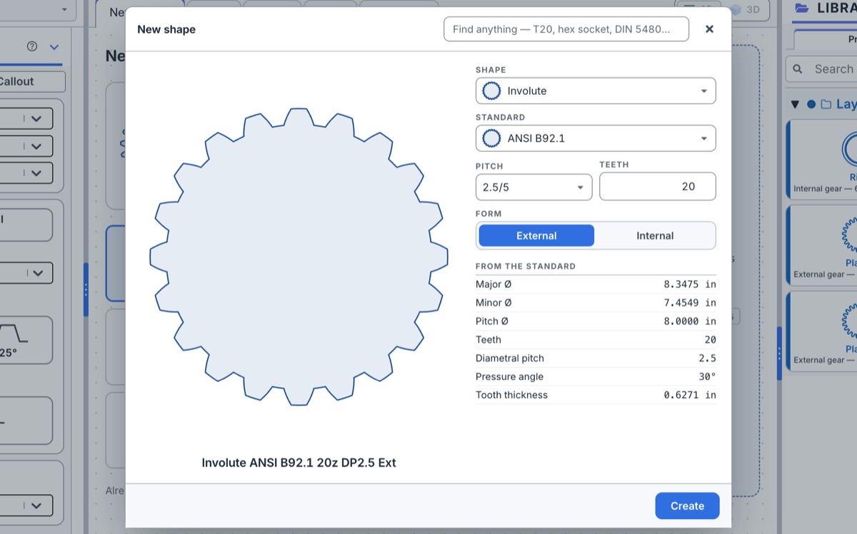 New shape dialog listing major, minor and pitch diameters straight from ANSI B92.1