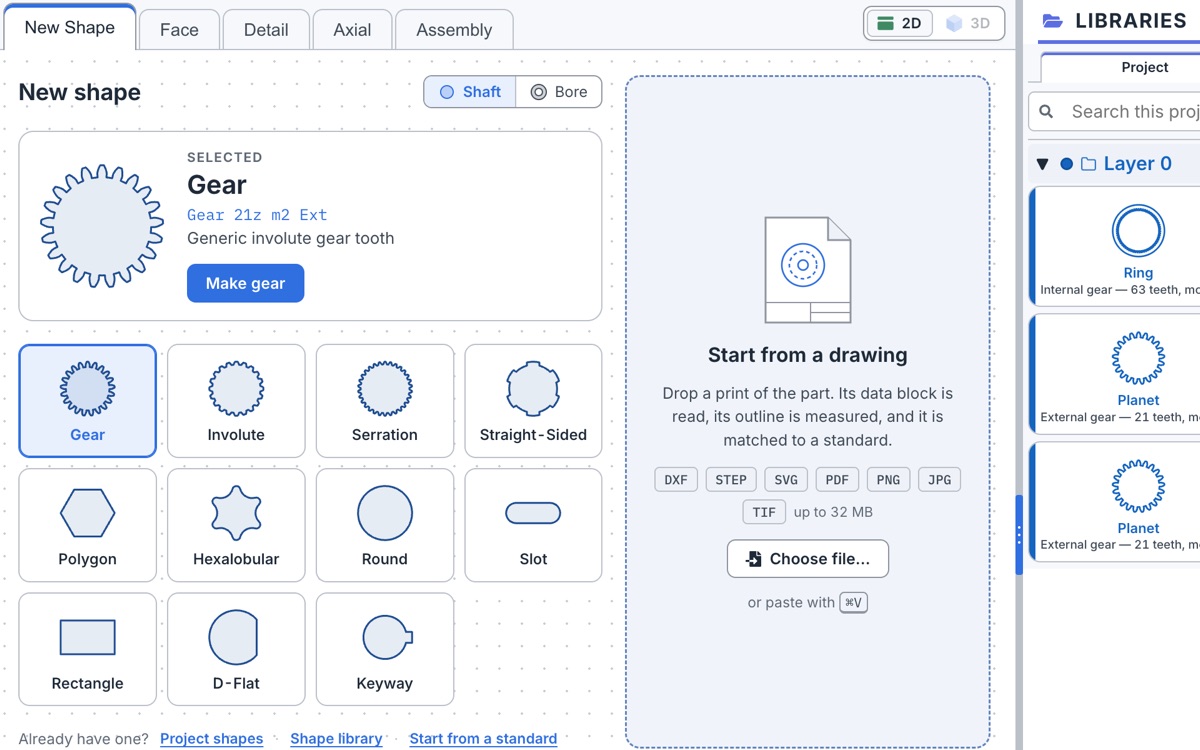 New Shape tab with eleven shape families and a drop zone for DXF, STEP, PDF or image prints