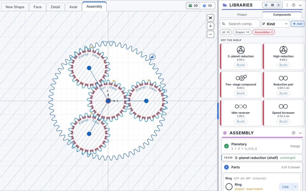 Planetary gear train meshed on the assembly canvas with ready-made train recipes