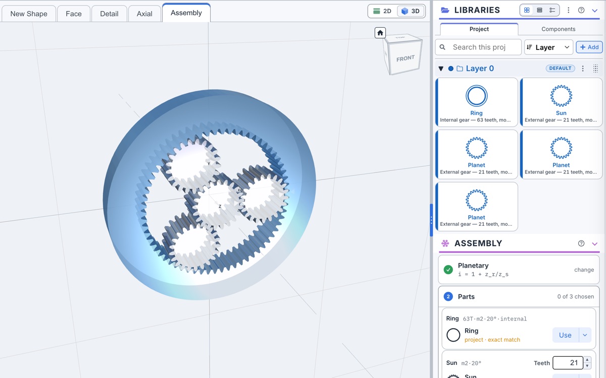 Planetary gear train rendered as solids in the 3D view