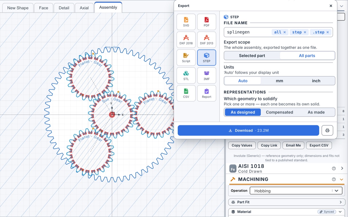 Export dialog with STEP, DXF, STL, 3MF, SVG, PDF, CSV and report formats