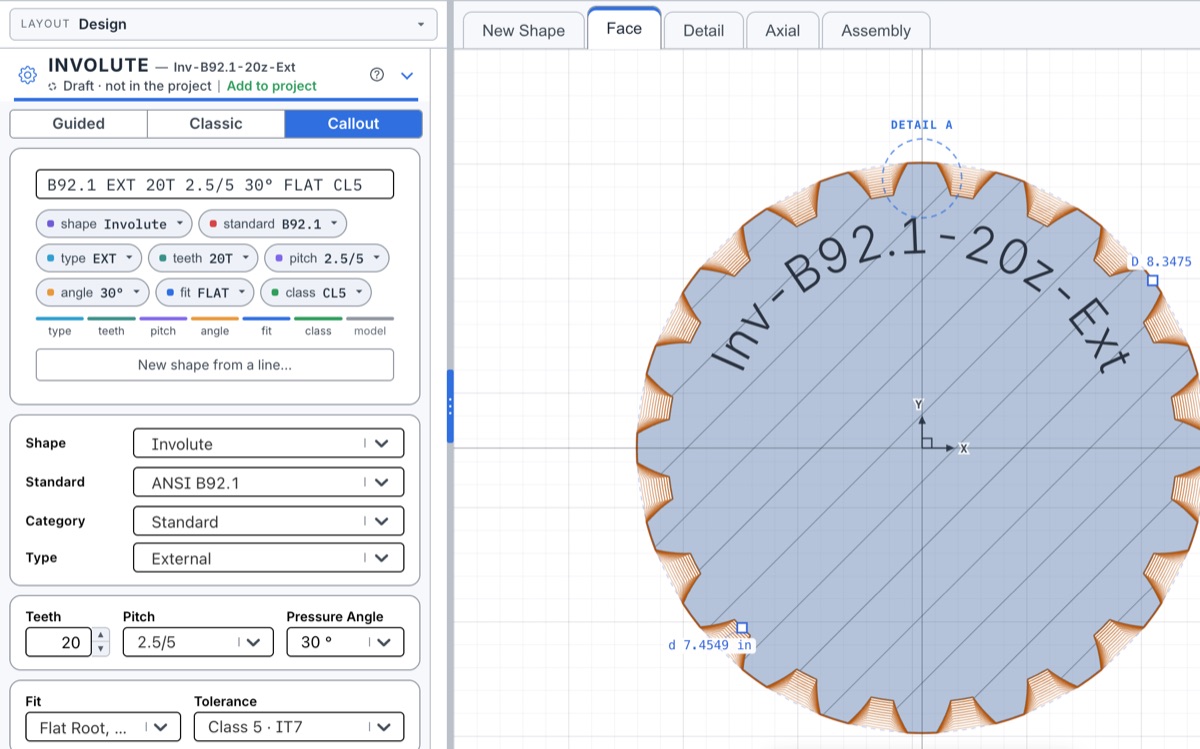 Callout field reading B92.1 EXT 20T 2.5/5 30° FLAT CL5, split into editable chips