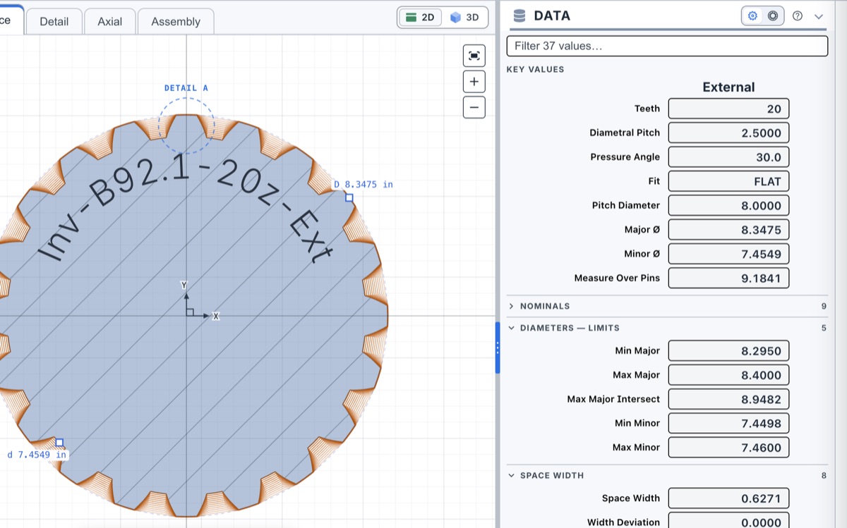 Data panel with min and max major, minor, space width and effective tooth thickness