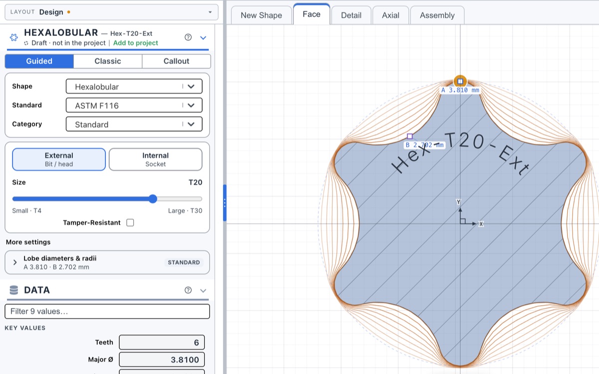 Hexalobular T20 drive profile with a T4 to T30 size slider