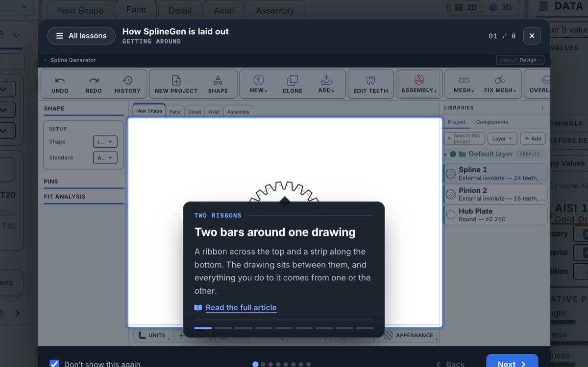 Interactive getting-started lesson over the live app